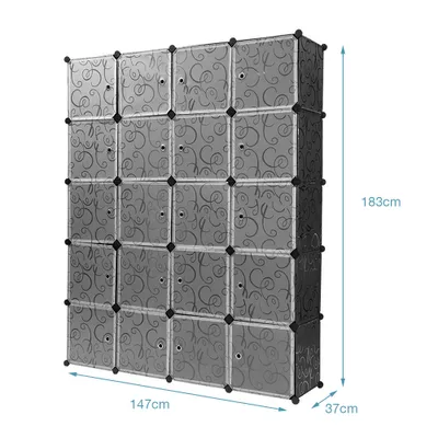 Image de Armoire 20 cubes DIY Étagères modulaires Armoire à vêtements et à chaussures en plastique avec portes 147x37x183cm