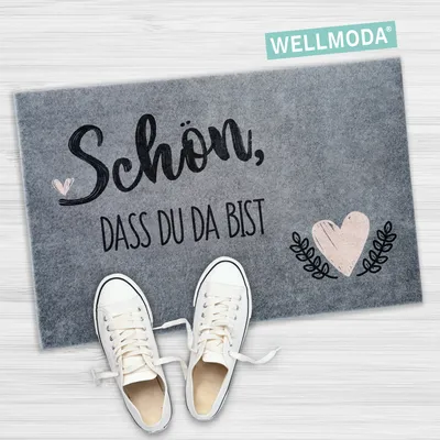 Produktbild von WELLMODA® Fußmatte I Schön, dass du da bist I waschbar & rutschfest I Fussmatte für außen & innen I Fußabtreter für Haustür, Deko in 40x60 cm & Grau