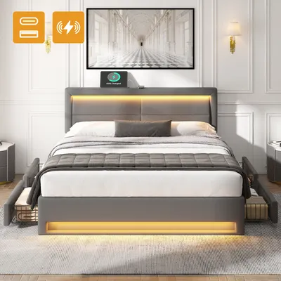 Produktbild von MODFU   Polsterbett,140 x 200,Jugendbett,Doppelbett   mit USB-Anschluss& LED-Beleuchtung und 4 Schubladen, mit Matratze , Grau