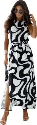 Produktbild von Maxikleid mit abstraktem Print Eleganter High-Slit & Taillengürtel für feminine Silhouette Schwarz/S/M