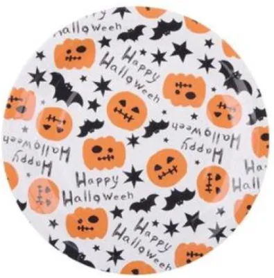 Image de Assiettes en carton Halloween, lot de 6. Avec des motifs de chauve-souris, de citrouille et d'étoile.