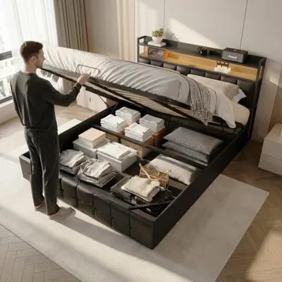 Image de Lit Moonbite avec rangement, dimensions 140x200 cm, revêtementPolyuréthanebeige, éclairage LED intégré, système de levage à gaz, port USB de type C, sommier relevable