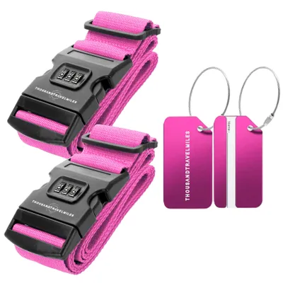 Produktbild von Koffergurt & Gepäckanhänger Set 4-teilig – Kofferband mit Zahlenschloss + Aluminium Adressanhänger Rosa Thousandtravelmiles
