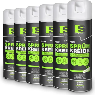Produktbild von Spraytive 6x 500ml Sprühkreide weiß - Abwaschbare leuchtende Kreidefarbe, Outdoor Kreidespray, Bodenmarkierung, Temporäres Markierungsspray