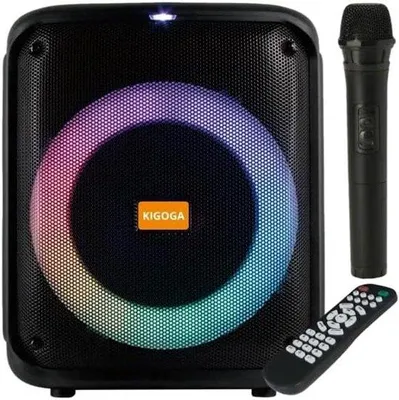 Zdjęcie produktu dla Przenośny głośnik Bluetooth z efektami świetlnymi, funkcją karaoke, radiem FM, bezprzewodowym mikrofonem, pilotem i wbudowaną baterią