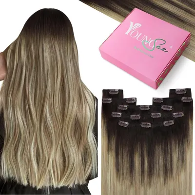 Obrázek produktu pro Clip-in prodlužovací vlasy z přírodních vlasů, balayage, hnědé a blond barvy, 35 cm, 120 g, Remy, rovné, sada 7 kusů
