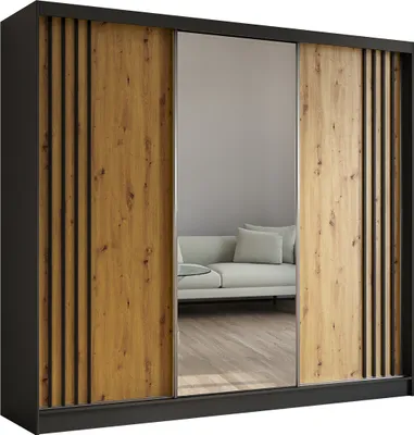 Produktbild von Masseno Schiebetürenschrank NELVIA 240 cm Kleiderschrank Schlafzimmer Schrank 3-türig mit Spiegel und Lamellen Schwarz
