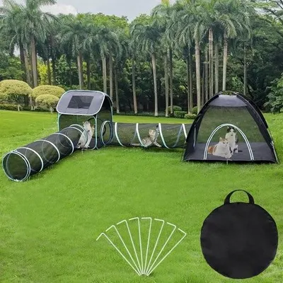 Obrázek produktu pro Přenosný stan pro kočky 4 v 1 do venkovního prostředí, venkovní domeček pro kočky se 2 skládacími stany, 2 skládacími tunely typu „pop-up“ a úložnou taškou, interaktivní bludiště pro koťata/štěňata/králíky