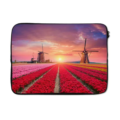 Produktbild von MuchoWow® Laptop Hülle 13 Zoll Blumen - Windmühle - Tulpen - Sonnenuntergang - Rosa Laptoptasche - Laptophülle - Sleeve - Rundumschutz