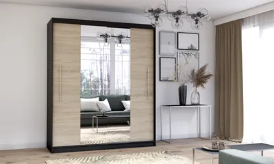 Produktbild von Schwebetürenschrank Kleiderschrank Schrank 204cm mit zwei Spiegeln Schwarz/Sonoma Torino