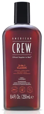 Produktbild von American Crew Classic 3-in-1 Shampoo Plus Conditioner, 250 ml, 3-in-1 Shampoo & Pflegespülung & Duschbad, Nicht-professionell, Männer, Revitalisierend, Glanz, Weichmachend, Flasche