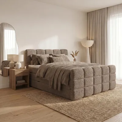 Produktbild von ELVORA DESIGNE Boxspringbett 180x200 cm PURE mit 2 Bonellmatratzen H3 & Topper, 2 Bettkästen, Taupe, KI-generiertes Bild