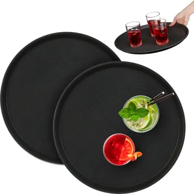 Produktbild von Relaxdays Serviertablett 2er Set, rund Ø 40 cm, Bartablett, rutschfeste Oberfläche, Kellnertablett Gastronomie, schwarz
