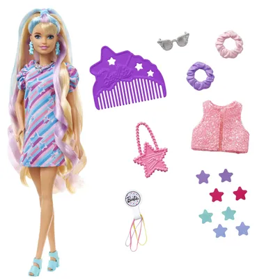 Image de Poupée Barbie Totally Hair (blonde) en robe imprimée d'étoiles