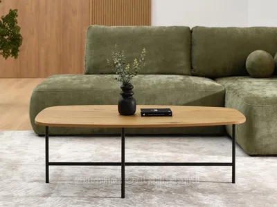 A modern living room scene with a green sofa and a wooden coffee table.