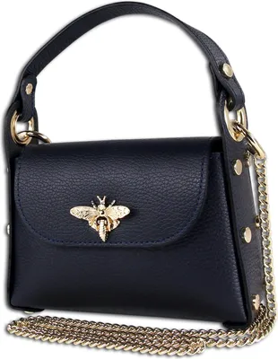 A dark blue leather handbag with a gold bee emblem and a gold chain strap, presented against a white background.