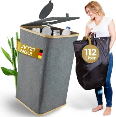 Produktbild von 112 L XXL Pfandflaschen Sammelbehälter, Recycling Behälter, wasserfeste Innentasche, stabiler Bambusrahmen.
