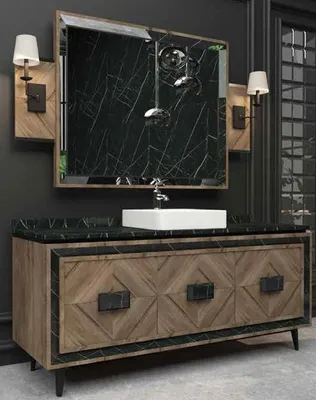 Produktbild von Casa Padrino Luxus Badezimmer Set Braun / Schwarz / Weiß - 1 Waschtisch mit 3 Türen und 1 Waschbecken und 1 Wandspiegel - Luxus Badezimmermöbel