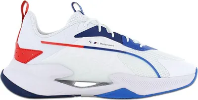 A side view of a white Puma BMW M Motorsport shoe.