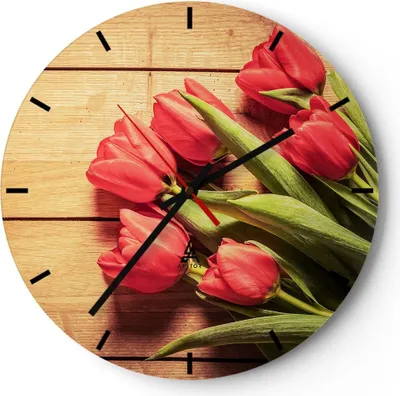 Produktbild von Wanduhr - Rund - Glasuhr - Tulpen Blumenstrauß Sommer Garten - 30x30cm - Schleichendes Uhrwerk - Lautlos - zum Aufhängen bereit - Dekoration Modern - Wanddekoration aus Glas - C3AR30x30-2867
