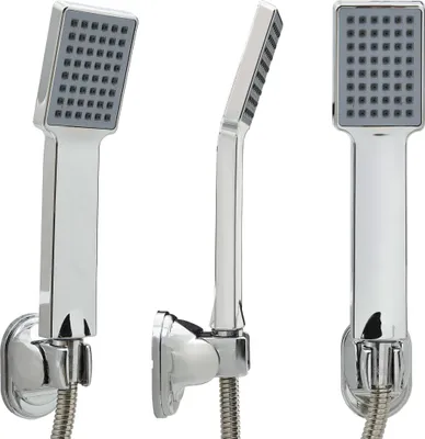 Three views of a chrome shower head with a flexible hose attached to a wall mount.
