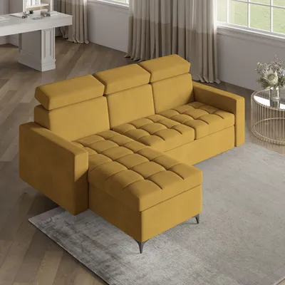 Zdjęcie produktu dla Masseno Narożnik KAME z funkcją spania i pojemnikiem na pościel Kształt L, Rozkładana sofa, Rogówka - Żółty, KRONOS 01