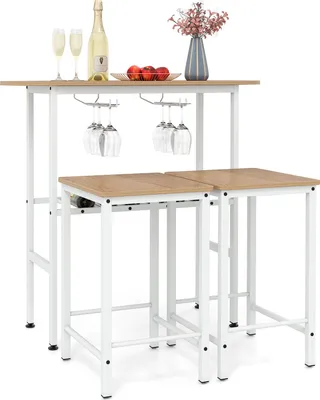 Produktbild von COSTWAY Bartisch mit Barhocker Set, 2 Personen Bartisch Set mit Halterungen für Weingläser und Flaschen, Küchentheke Hausbar für Wohnzimmer Weiß