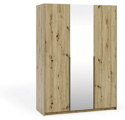Produktbild von Kleiderschrank ASTON 3-türig mit Spiegel, Garderobenschrank 148 cm, Schlafzimmerschrank mit 2 Kleiderstangen, Moderner Drehtürenschrank, Eiche Artisan