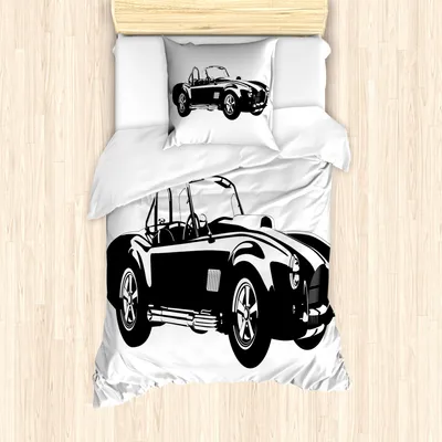 Produktbild von ABAKUHAUS Autos Mantele, Sports Car Roadster Motor, Milbensicher Allergiker geeignet mit Kissenbezügen, 135 cm x 200 cm - 80 x 80 cm, Schwarz-Weiss