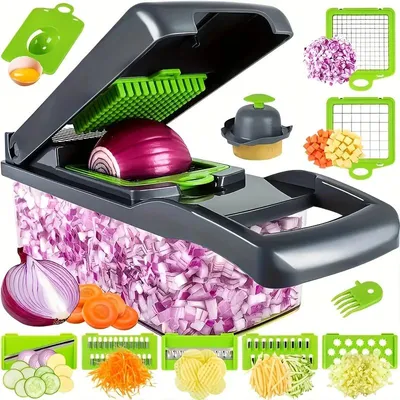 Produktbild von Gemüseschneider Set - Knoblauchpresse Und Gemüseschneider - 16 Teiliges Set - Klingen Aus Edelstahl - Küchenwerkzeuge - Grau