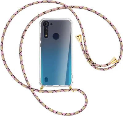 Produktbild von Handykette Backcover-Schutzhülle mit Band (Metall goldfarben) für Motorola Moto G8 Power Lite - rosa Karo