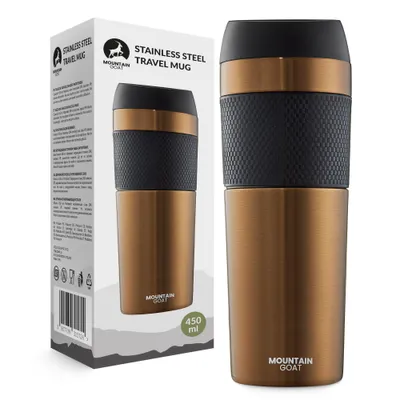 Produktbild von MOUNTAIN GOAT TRAVEL Thermobecher, 400 ml, Edelstahl, Doppelwandig, mit Druckknopfverschluss, Braun