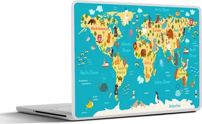 Produktbild von MuchoWow® Laptop Aufkleber Sticker Cover Weltkarte - Kinder - Tiere - Gelb - Blau - Jungen - Mädchen 31x22.5 cm - Laptop-Deko
