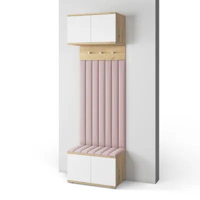 Produktbild von Garderoben-Set Aura Version 11: Schuhschrank mit Polsterpaneelen, Hängeschrank für Flur und Eingangsbereich (Weiß / Eiche Artisan/Trinity 19)