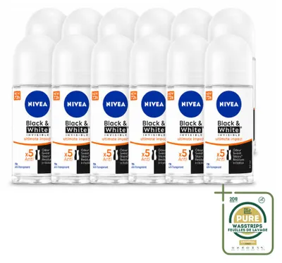 Image de 12 déodorants roll-on NIVEA Black & White Ultimate Impact, 50 ml - Pack de 12