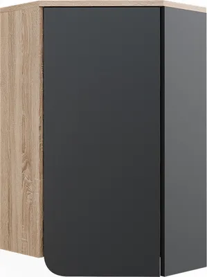 A close-up view of a corner cabinet with a wood-grain side and a dark gray front.