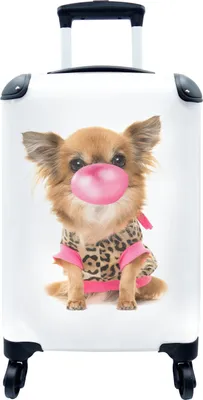 Produktbild von MuchoWow® Koffer Handgepäck Trolley Rollkoffer Kleine Reisekoffer mit 4 Rollen - Für Kinder - Hund - Kaugummi - Rosa - Mädchen - Kinder - Cabin Size < 55x40x23 cm & 55x40x20 cm - Kinderkoffer - Kabinenkoffer - Boardgepäck - Reise-Box - Reisekoffer - Reisegepäck - Koffer mit Bild - Trolley für Kinder