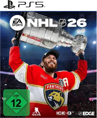 A hockey player holding up the Stanley Cup, with game title and logos.