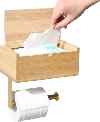 Productafbeelding van Toiletpapierhouder met vochtige doekjeshouder - Bamboe, zonder boren