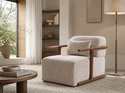 Obrázok produktu pre Moderné béžové kreslo do obývačky, elegantný dizajn, čalúnené látkou, drevená konštrukcia, pohodlné