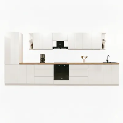 Produktbild von Küchenzeile 460 cm Einbauküche Küchenblock ohne E-Geräten Küche ohne Arbeitsplatte , Aspen KA9-M460, Weiß /Hochglanz