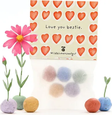 Produktbild von 5 Blumenmurmeln im Tütchen Love You Bestie nachhaltiges Freundschaftsgeschenk