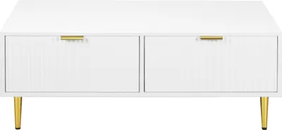 Produktbild von Moderner weisser Couchtisch mit goldenen Akzenten Mit 2 Schubladen vertikales Streifendesign Wohnzimmertisch Sofatisch Kurzschrank 100x50x40cm