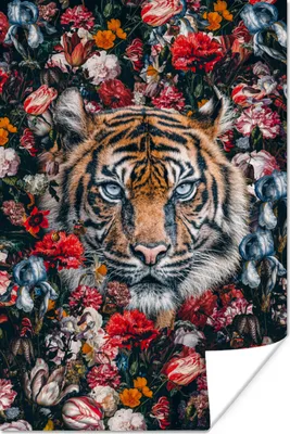 Produktbild von MuchoWow® Poster Tiger - Blumen - Malerei 40x60 cm - Plakate für die Wand - Poster Babyzimmer
