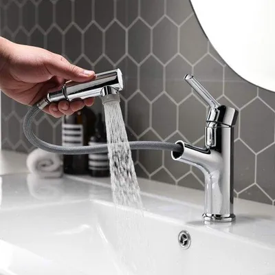 Immagine prodotto di Rubinetto da bagno con doccetta estraibile, 2 tipi di getto, doccetta estraibile in ottone, doccetta monomando con getto orientabile, cromato