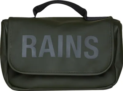 A green toiletry bag with the brand name "RAINS" printed on it.