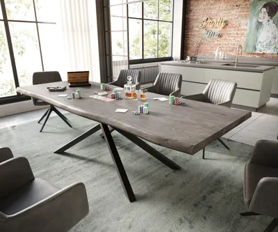 Produktbild von DELIFE Esstisch Edge 260x100 XL Akazie Platin Kreuzgestell Rechteck Schwarz Live-Edge