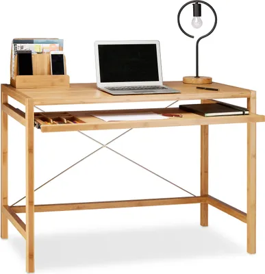 Produktbild von Relaxdays Computertisch Holz, Tastaturauszug, Bürotisch ausziehbar, Schreibtisch massiv, HxBxT: 76,5x106,5x55,5cm, natur