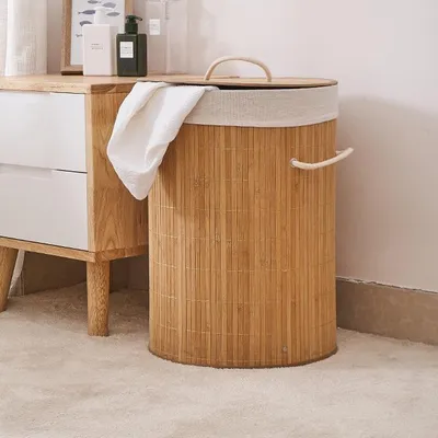 Zdjęcie produktu dla Kosz na pranie bambusowy z pokrywą 35×50 cm – pojemnik na bieliznę 50L