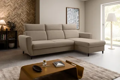 Produktbild von Ecksofa TORRO MINI (260 x 170 cm) – RECHTE SEITE, moderne verstellbare Kopfstützen, Bettkasten, Schlaffunktion, ENJOY NEW 02 - Camel